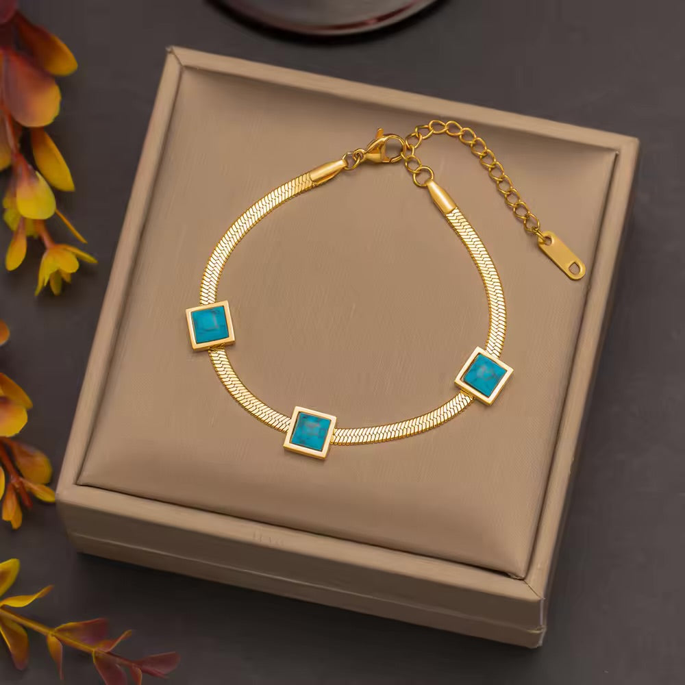 Minimalist Gold Chain Bracelet with Turquoise Square Stones
