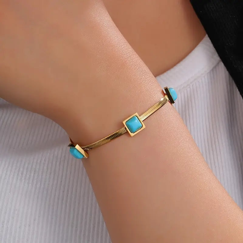 Minimalist Gold Chain Bracelet with Turquoise Square Stones