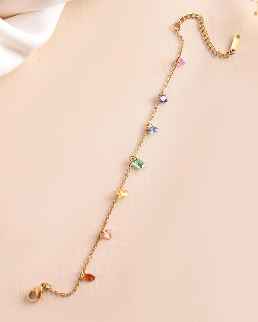 Rainbow Crystal Charm Chain Bracelet – Gold Delicate Luxe