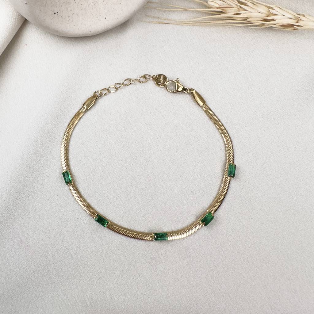 Gold Snake Chain Bracelet with Emerald Green Stone Accents