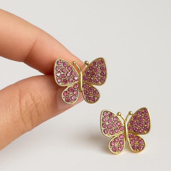Butterfly Stud Earrings with Pink Crystal Accents – Gold Finish